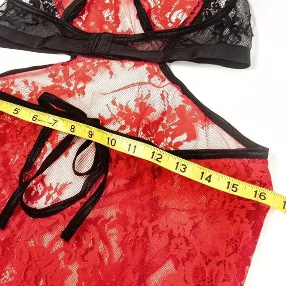 Lacey Red Sweetheart Chemise & Sheer Thigh Highs Sz L - Picture 12 of 14